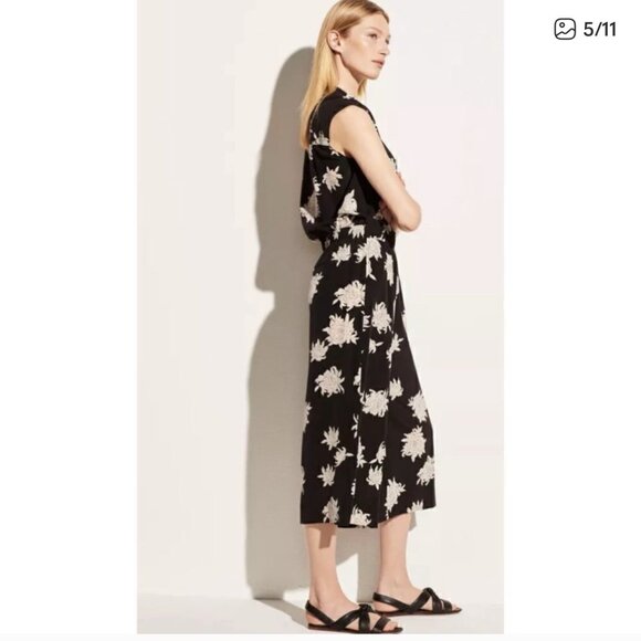 Vince 100% Silk Floral Sleeveless Black Cream Jumpsuit Midi Size M - Picture 5 of 16